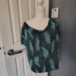 Perceptions Black and Teal Printed Short Sleeve Blouse